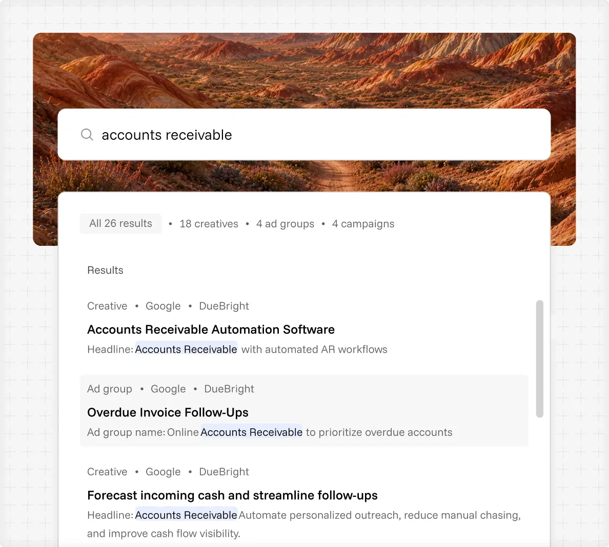 Brand Rover search results for accounts receivable messaging across live content