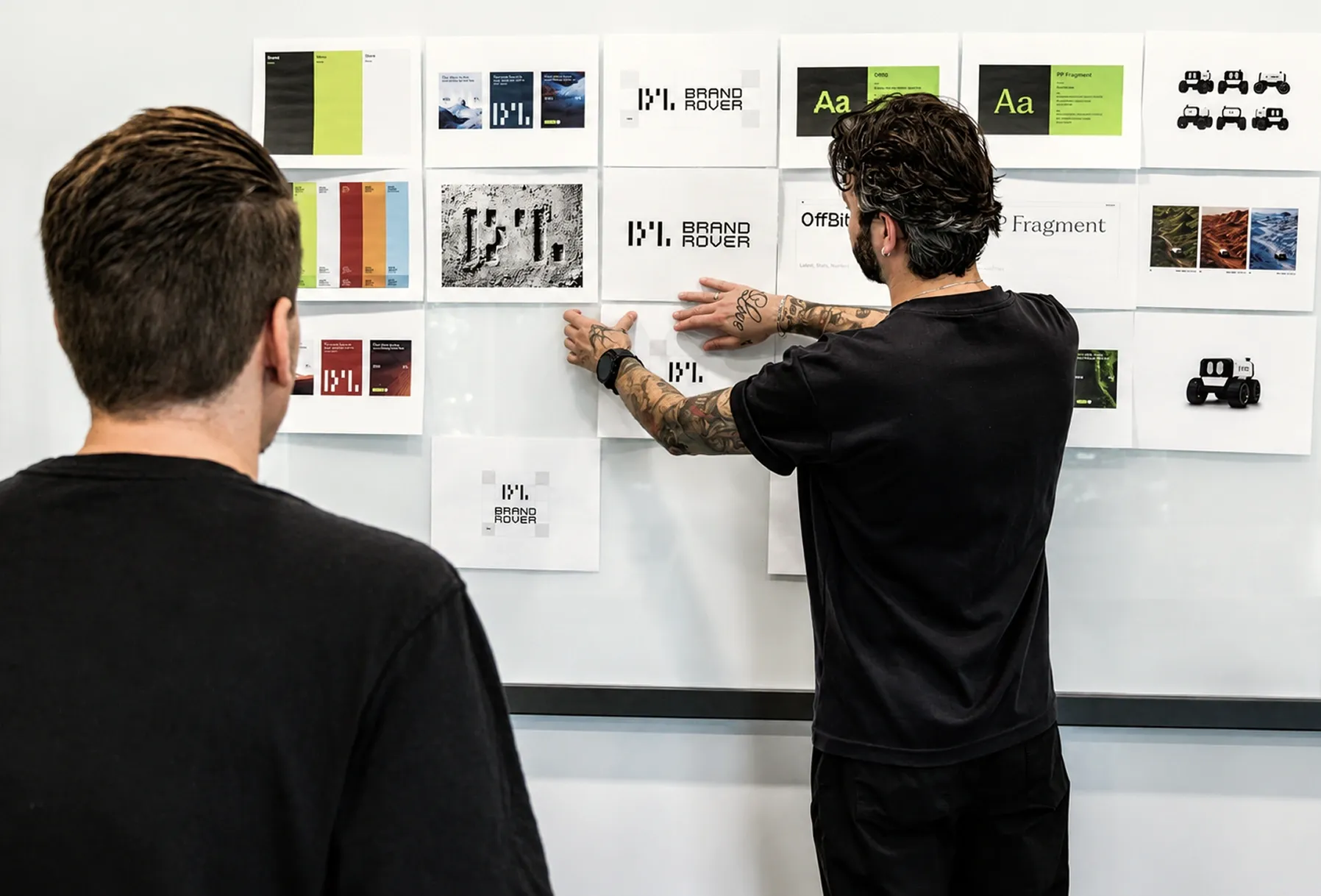 Brand Rover founders mapping the brand story on a whiteboard