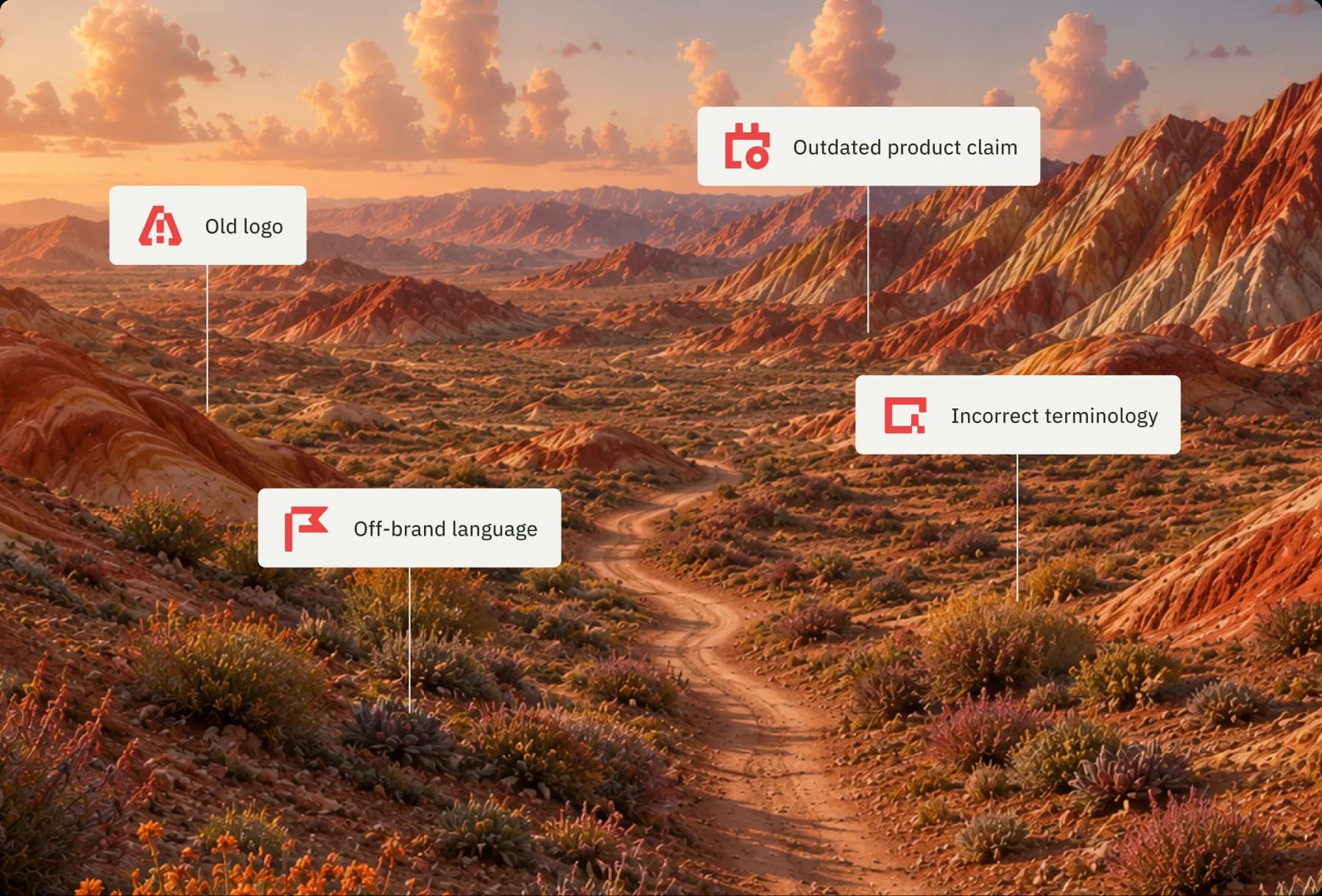 Desert landscape with flags marking outdated and off-brand content